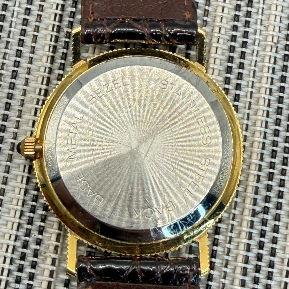 Dufonte Lucien Piccard Gold Tone Liberty Coin Dial Watch Brown Leather Strap